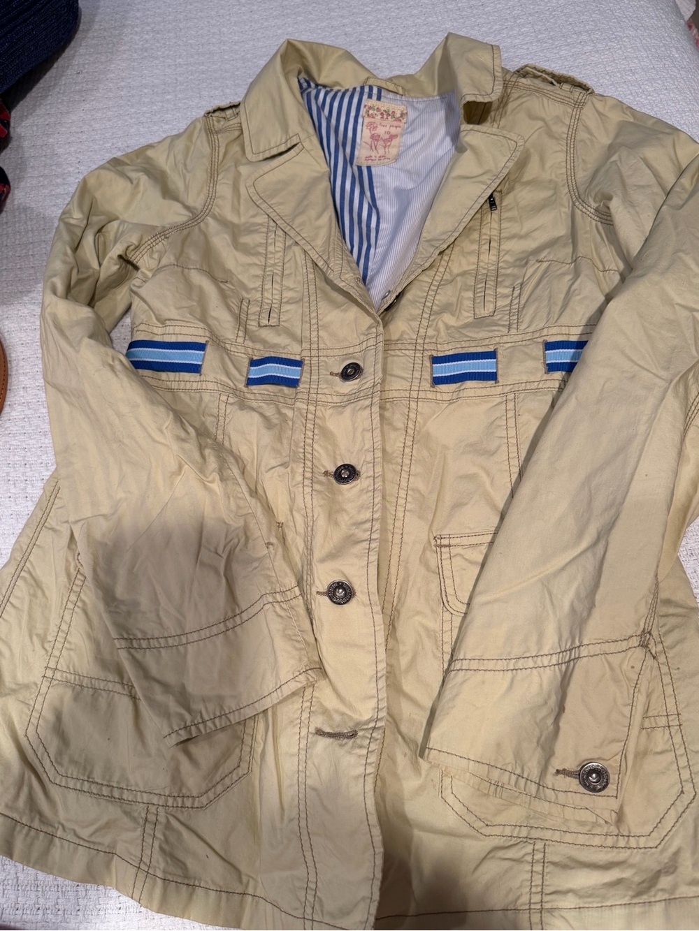 Free People Beige Utility Jacket with Blue Stripe Accents